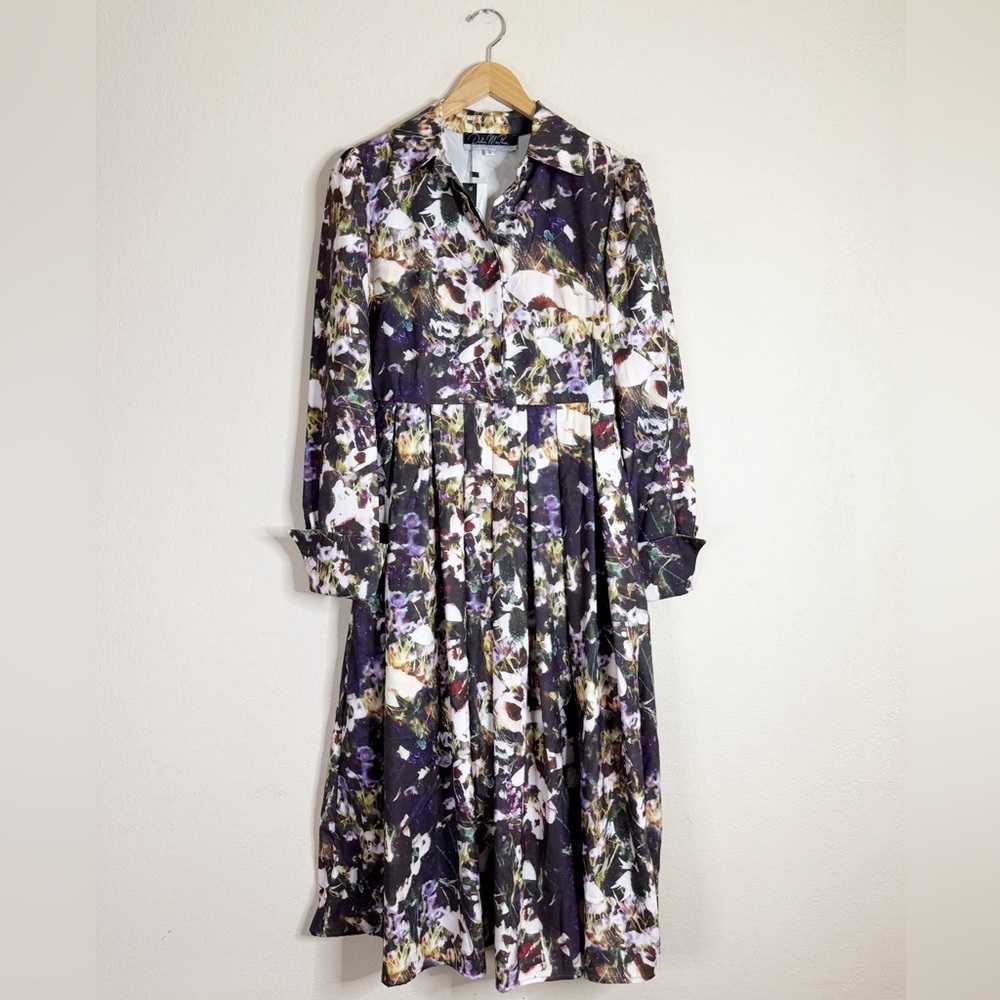 DALIA MACPHEE multicolored floral pleated skirt button down midi dress NEW SMALL